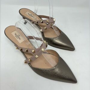 Valentino Garavani Pewter Grey Pointed Toe Rockstud Mule Low Heel Cross Strap 41